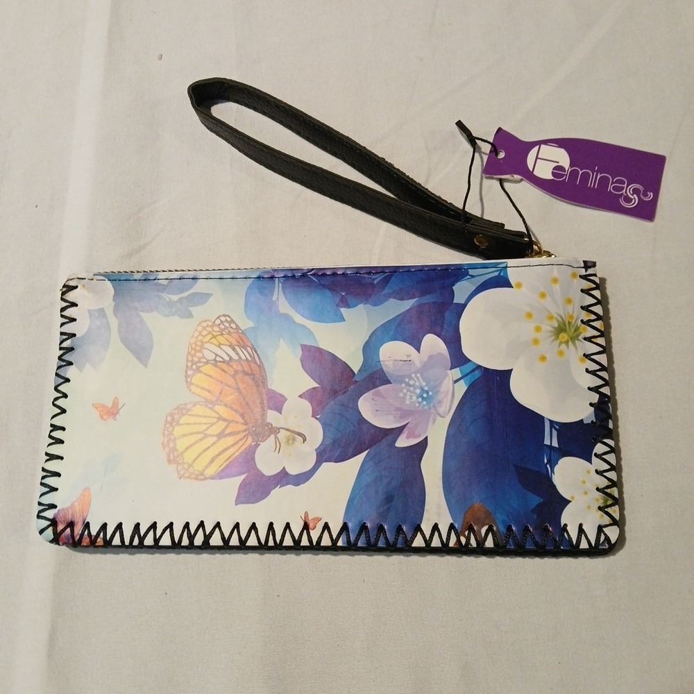 Femina Wallet Butterfly Pattern New With Tags Zipper Closure Wristlet 8" X 4"